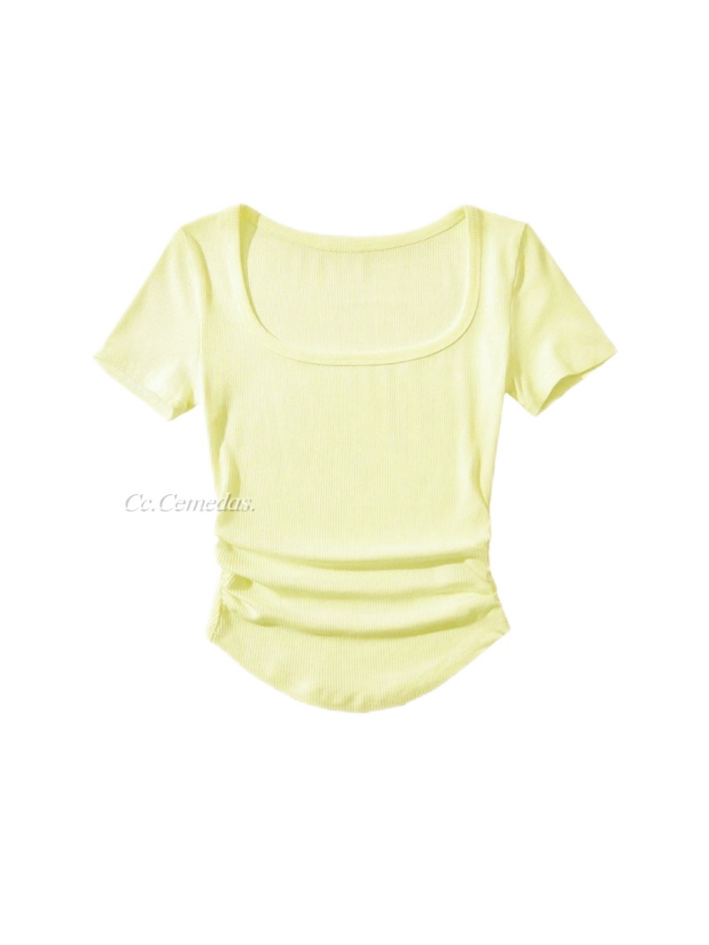 弧形下擺短袖U領收腰上衣