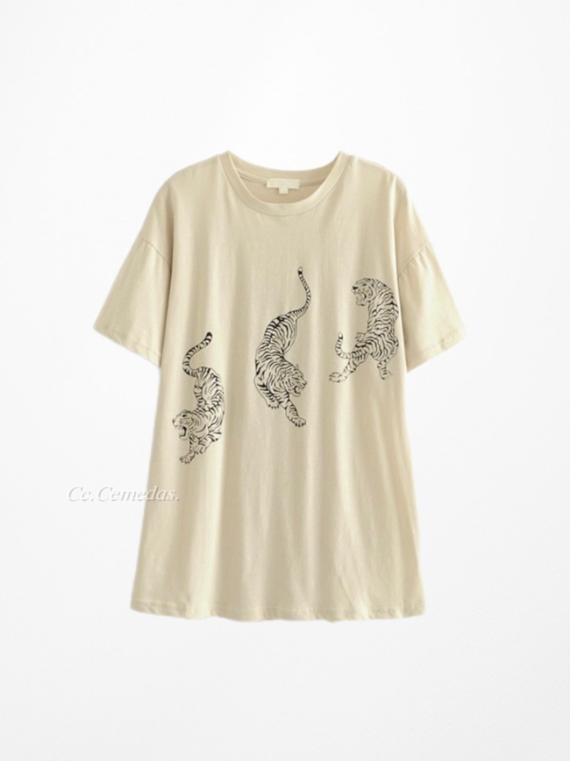 歐美ins復古三隻老虎印花短袖圓領上衣