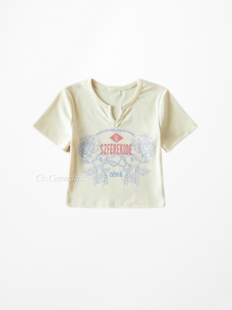 BM美式復古V領印花短版上衣