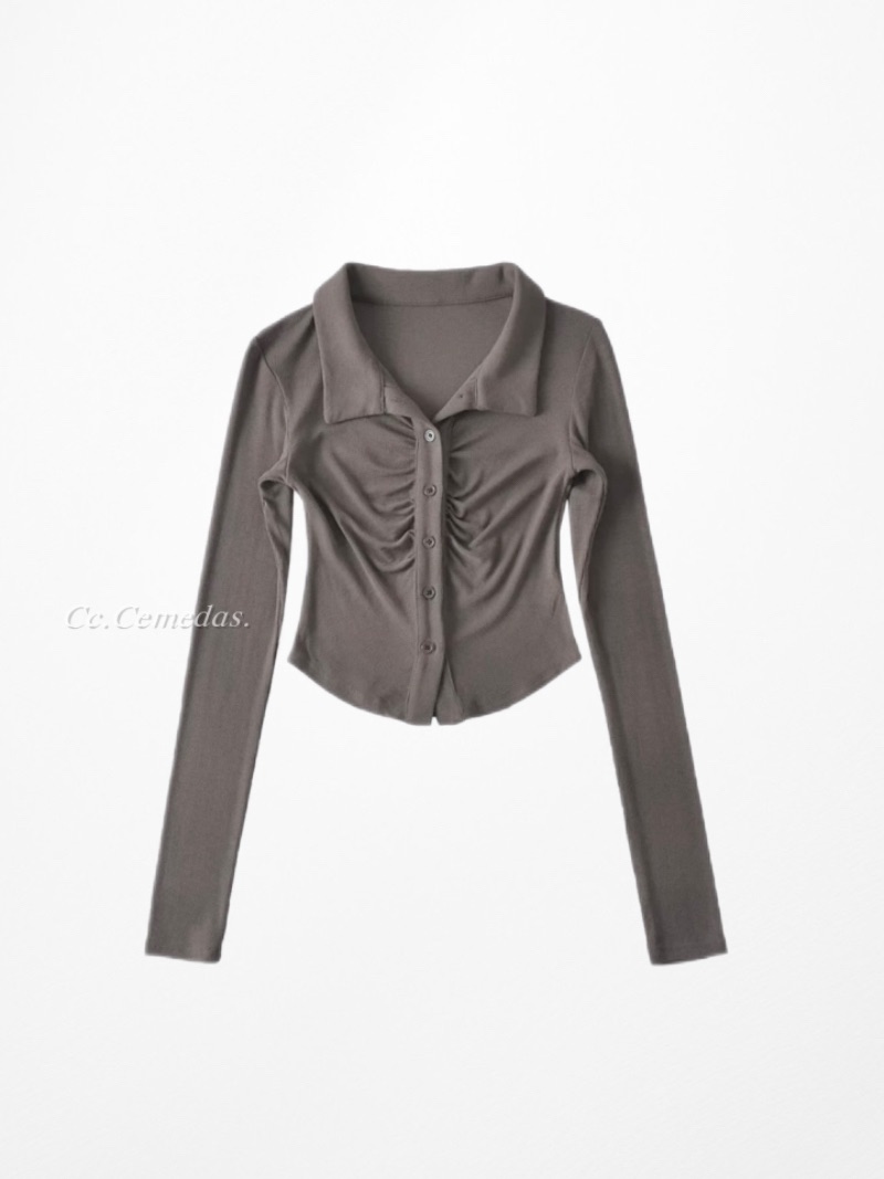 歐美ins緊身polo領褶皺長袖