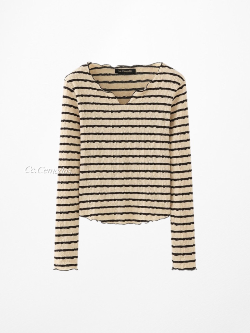 小眾設計感小V領木耳邊長袖針織上衣