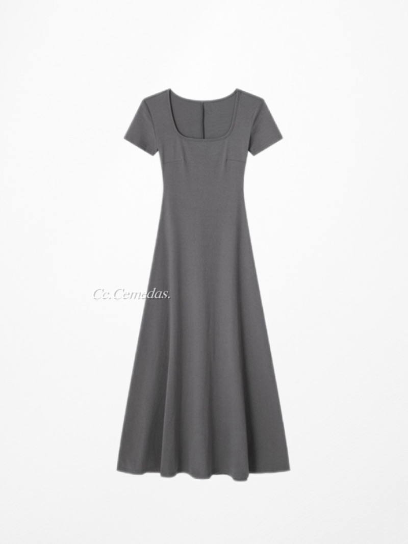 赫本風方領收腰洋裝