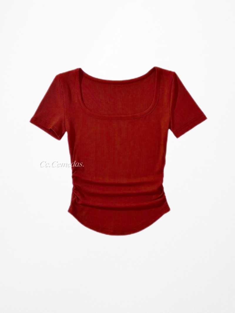 弧形下擺短袖U領收腰上衣