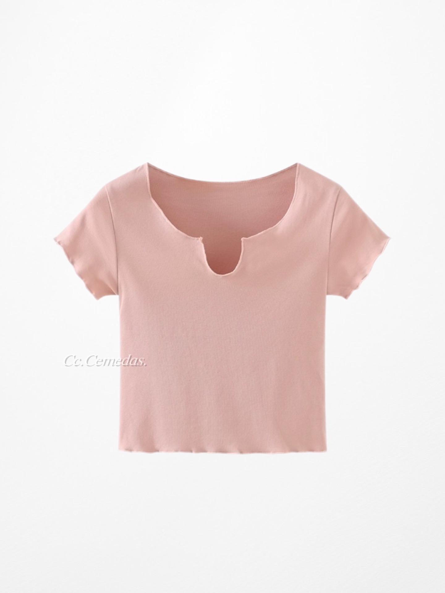 短袖木耳邊小U領T恤