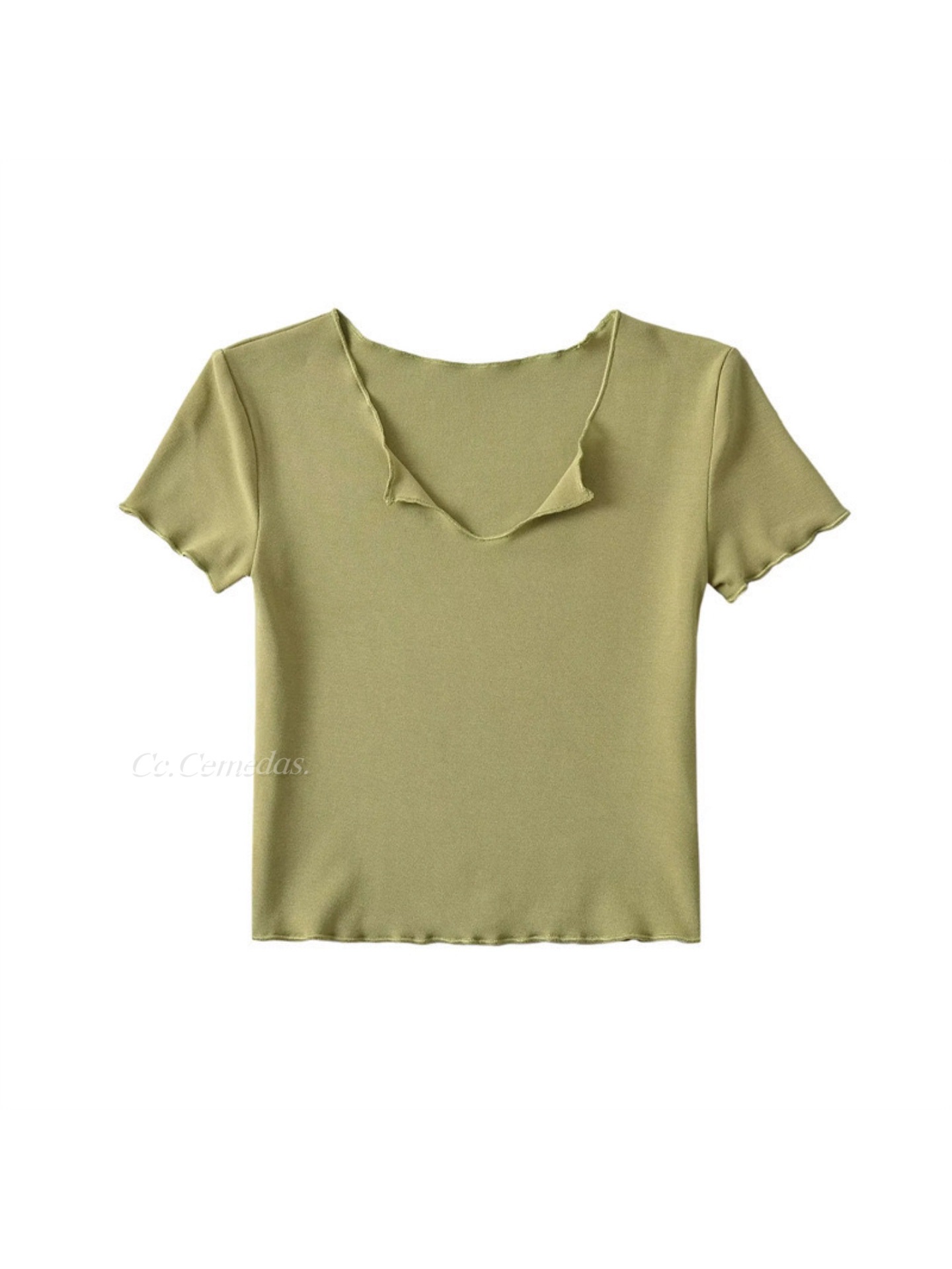 短袖木耳邊小U領T恤