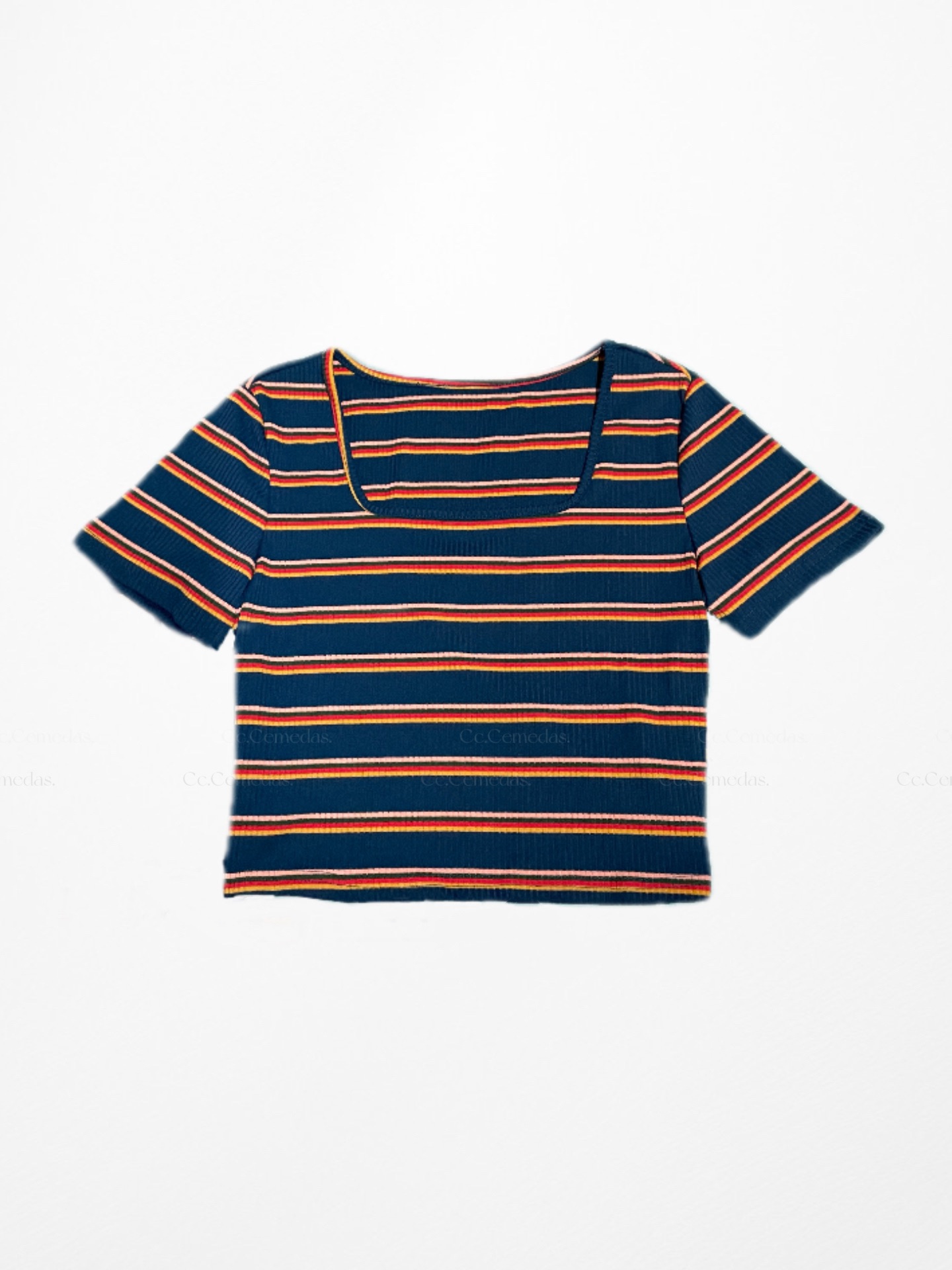 條紋方領短版短袖上衣