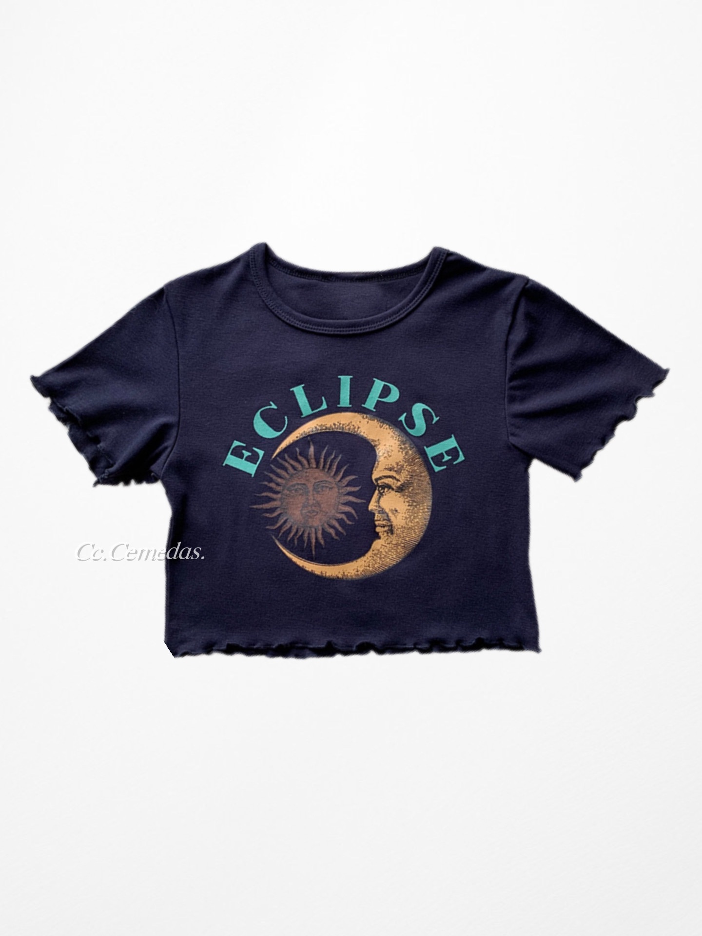 Ins復古荷葉邊日月印花短袖短版上衣