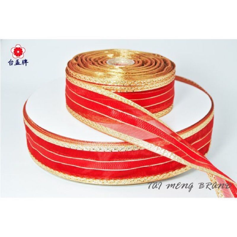 台孟牌 雪紗金蔥緞帶 38mm 紅色 100碼（包裝、材料、禮品禮盒、DIY、服裝、手工藝、佈置、緞帶花、蝴蝶結、婚禮）