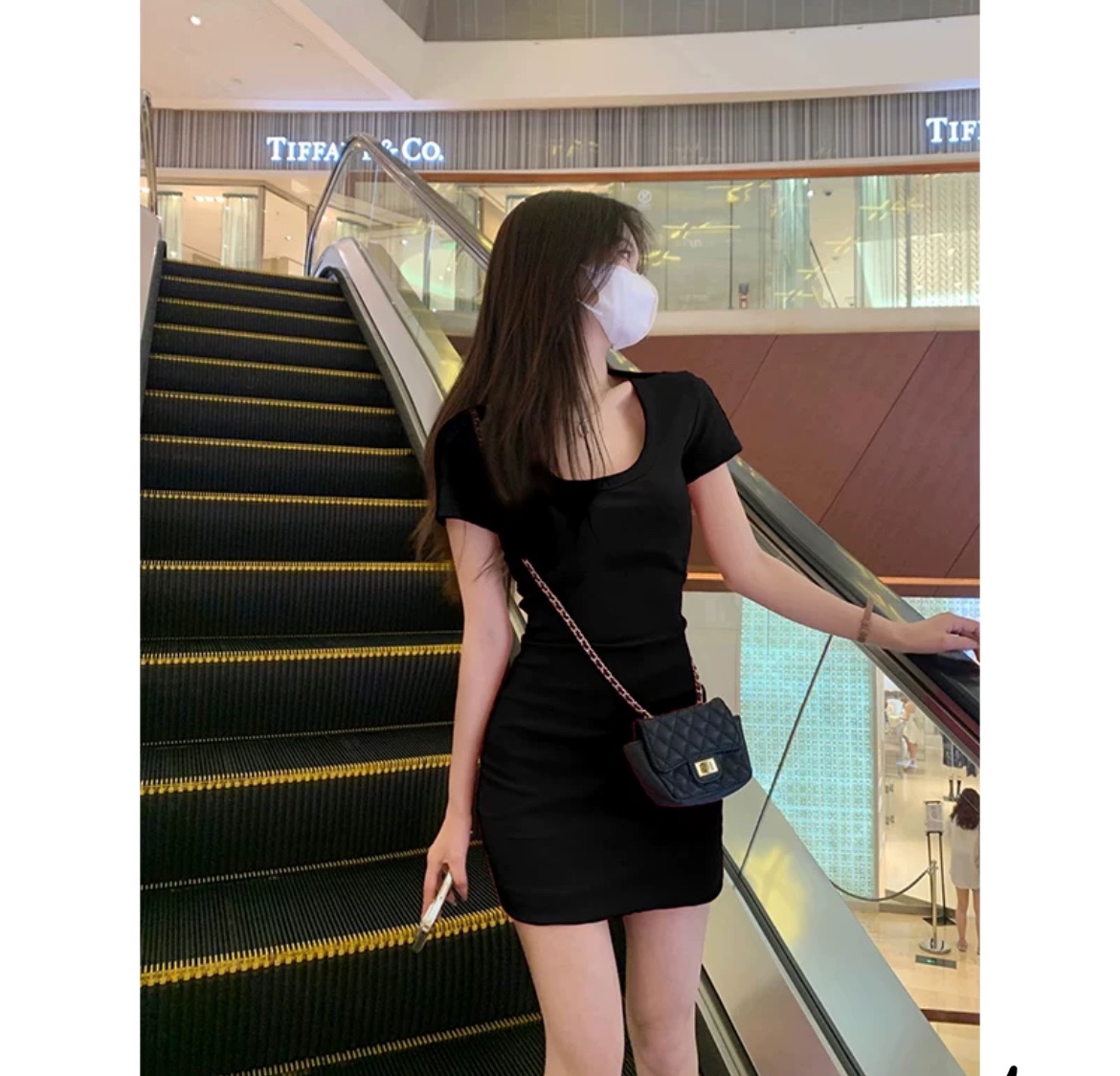 粉色u領短袖t恤連衣裙女夏季小個子修身性感辣妹包臀裙子純欲短裙