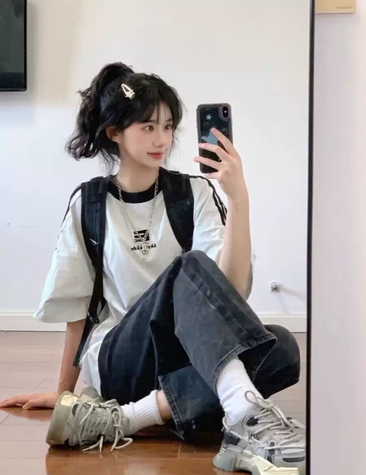 潮牌美式復古落肩三條槓短袖t恤女夏季2024新款設計感字母寬松