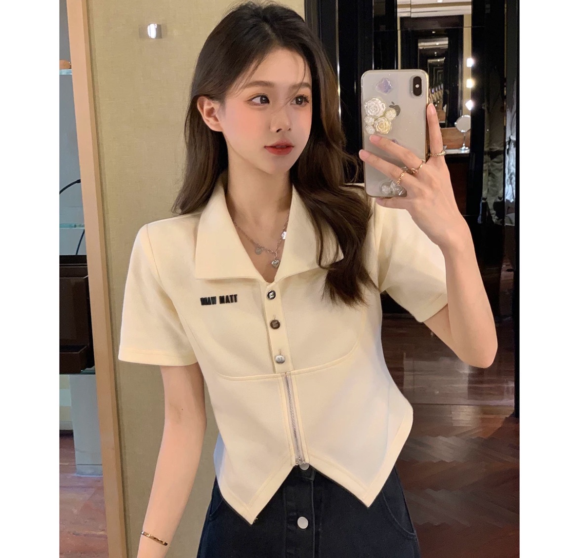 美式正肩polo领短袖t恤女夏宽松设计感小众短款辣妹港味chic上衣