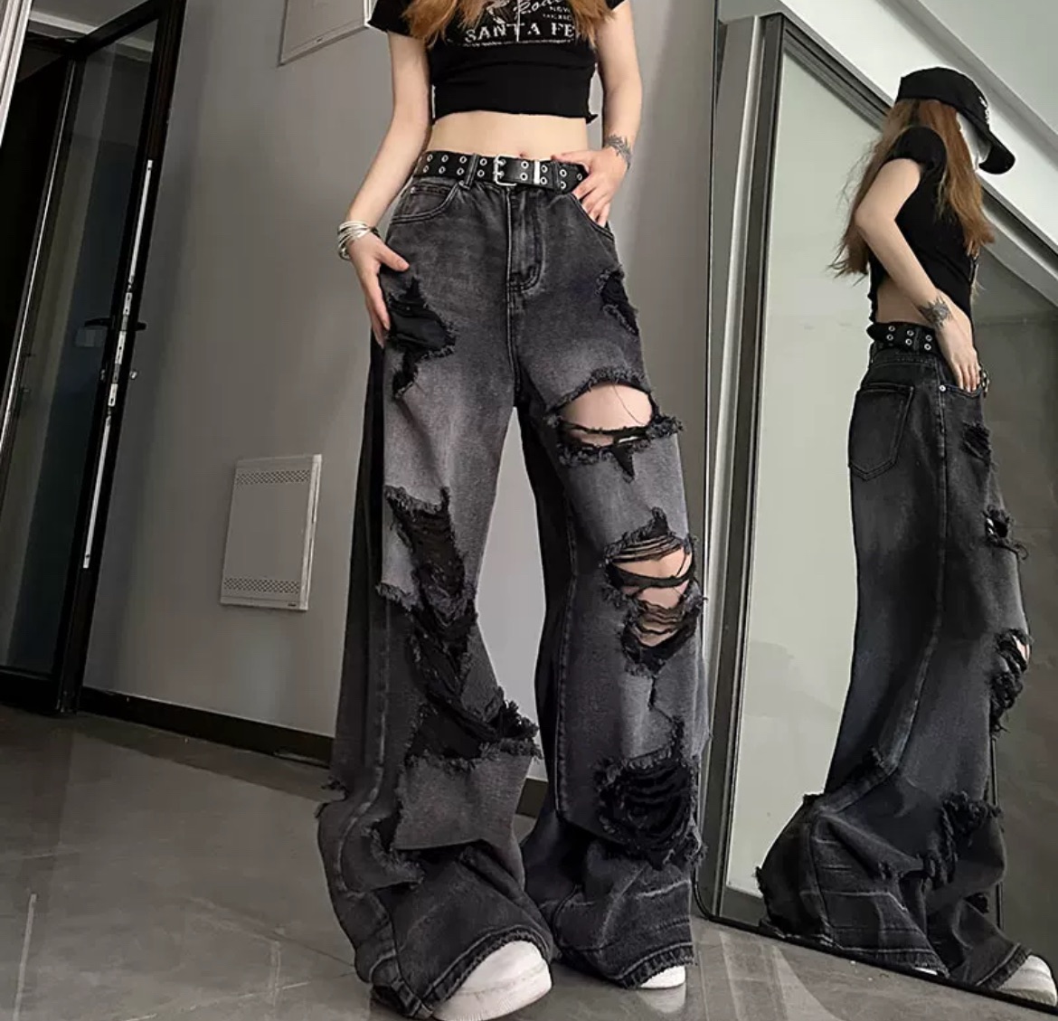 復古破洞牛仔褲酷女孩穿搭小眾設計感乞丐闊腿褲子