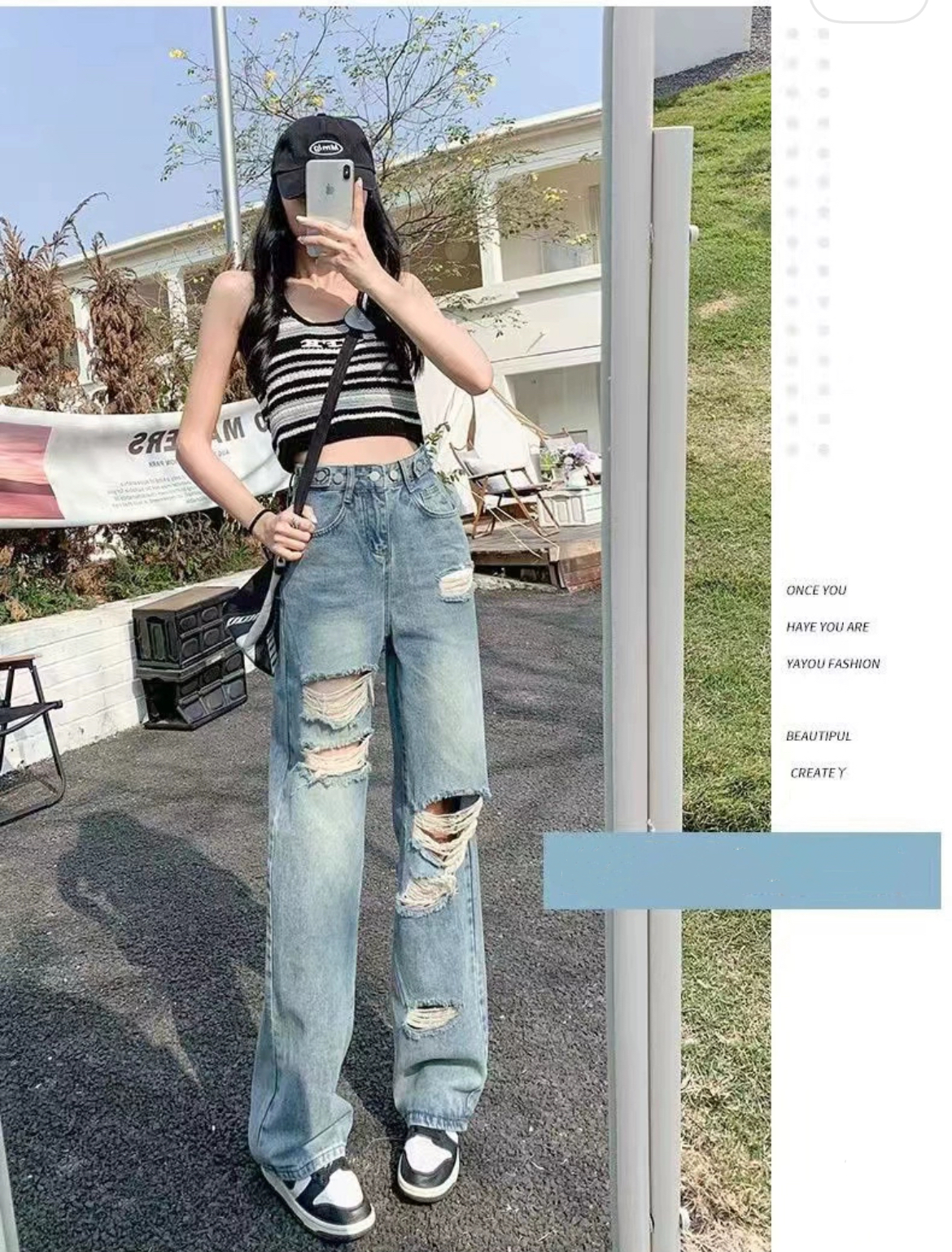 破洞直筒牛仔褲女2024年新款時髦顯瘦設計感寬松高腰闊腿褲子水洗