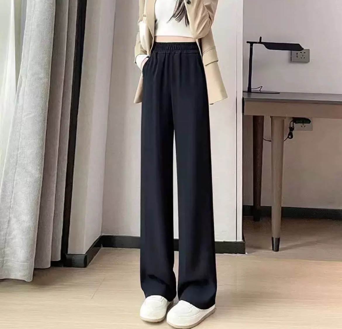 鬆緊腰垂感西裝闊腿長褲女春夏薄款小個子黑色窄版直筒休閒九分褲