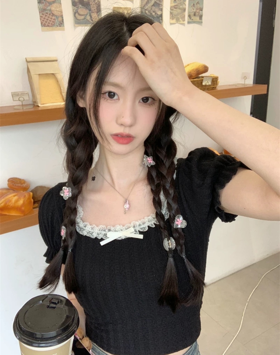 法式方領蕾絲邊短袖t恤女夏季芭蕾風溫柔甜辣chic泡泡袖短款上衣