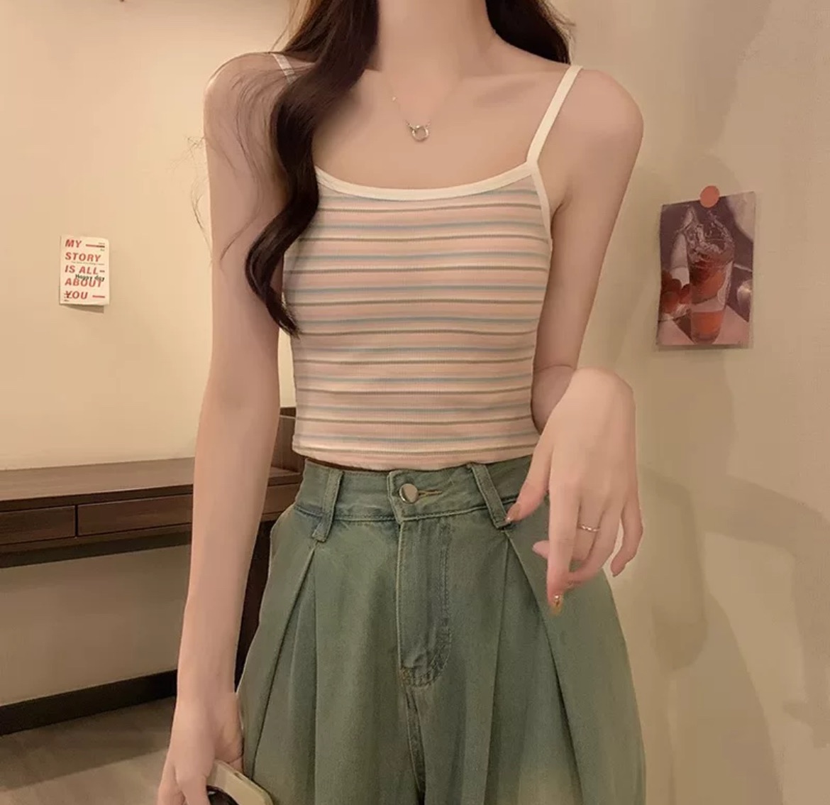 純棉吊帶背心女外穿夏季2024新款打底條紋短款辣妹帶胸墊抹胸上衣