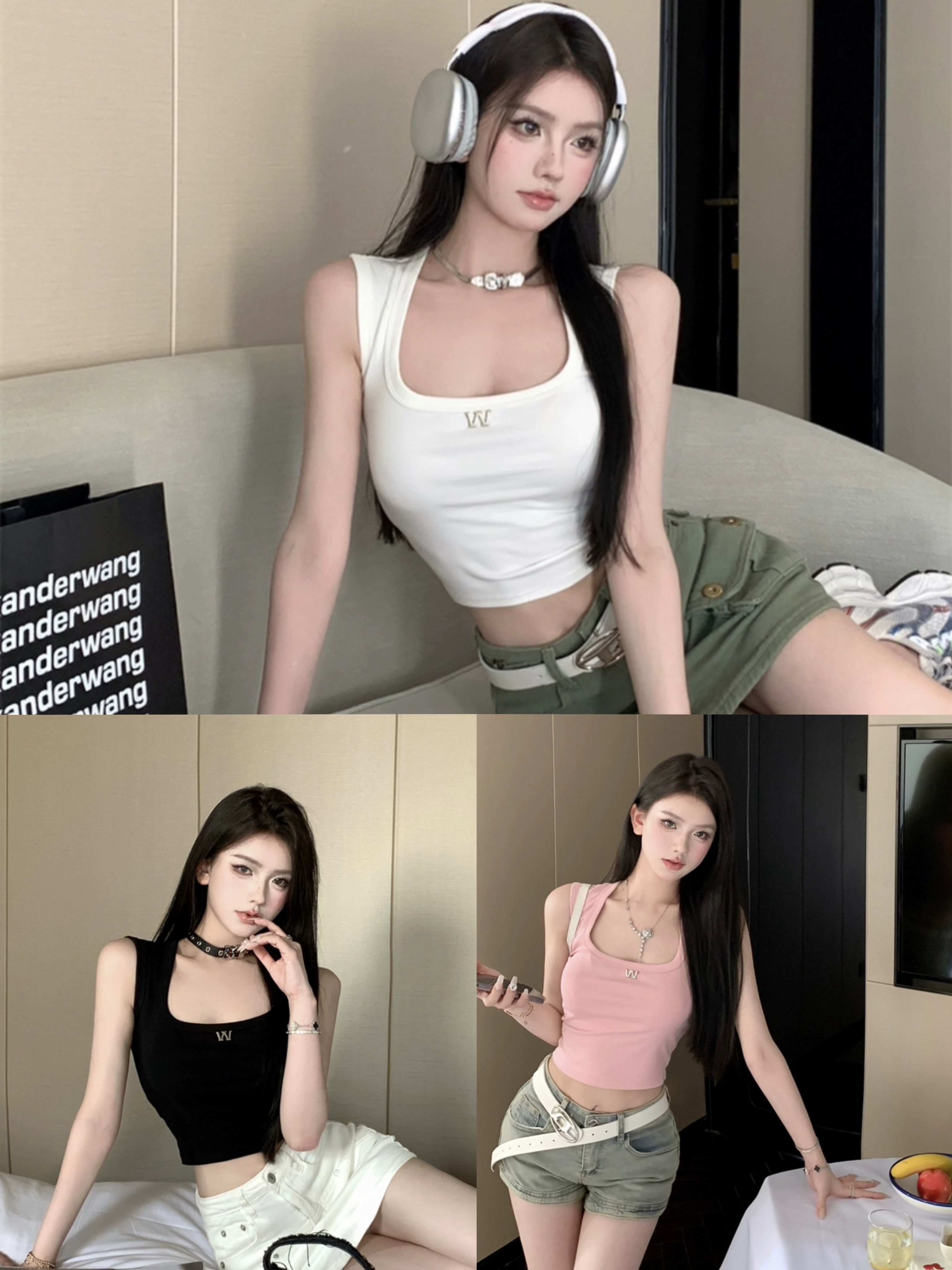 U領美背外穿吊帶小背心女夏季修身顯瘦運動短款無袖t恤上衣潮