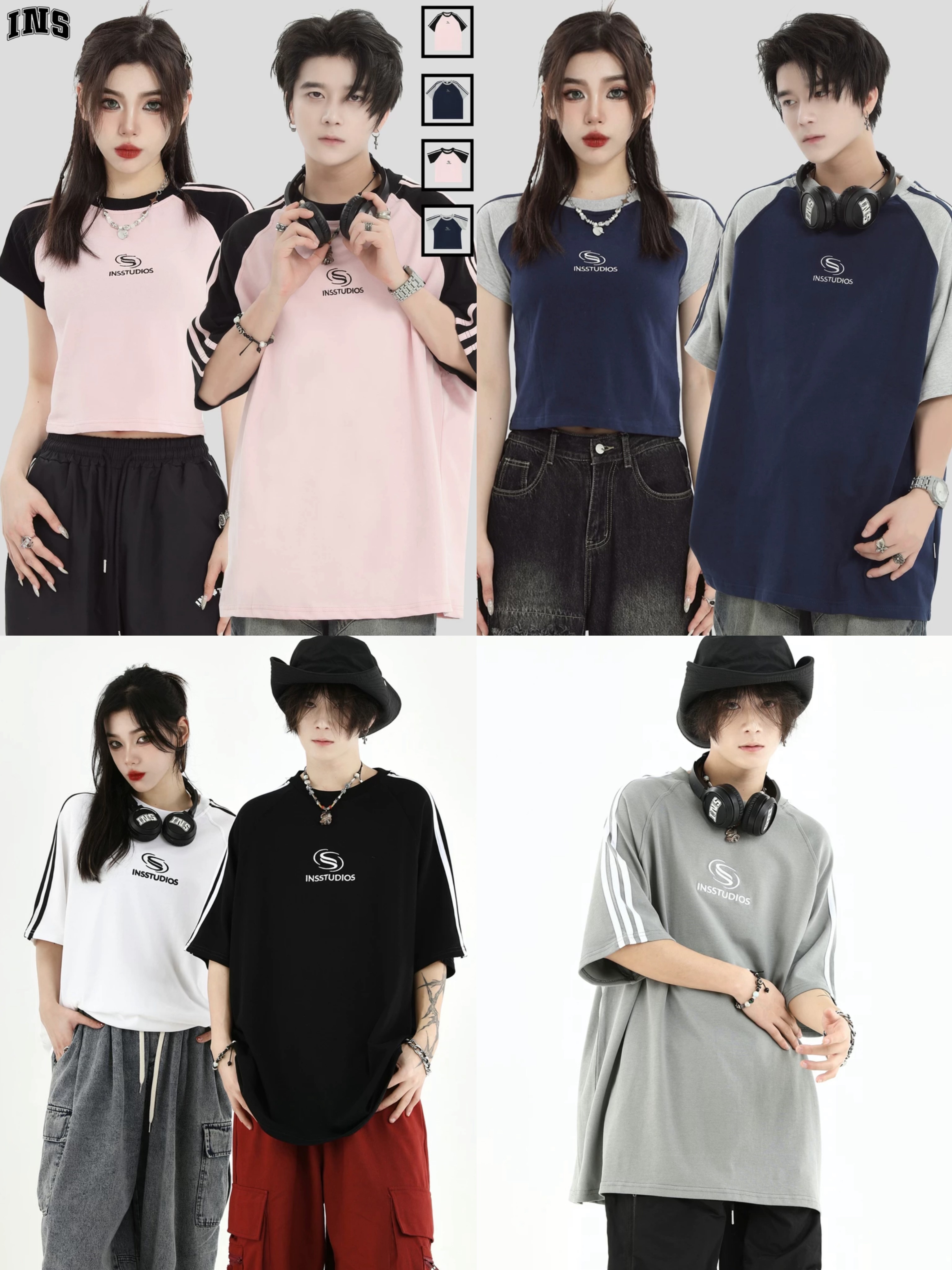 INSstudios 國潮牌情侶美式復古撞色插肩條紋短袖辣妹正肩短款T恤