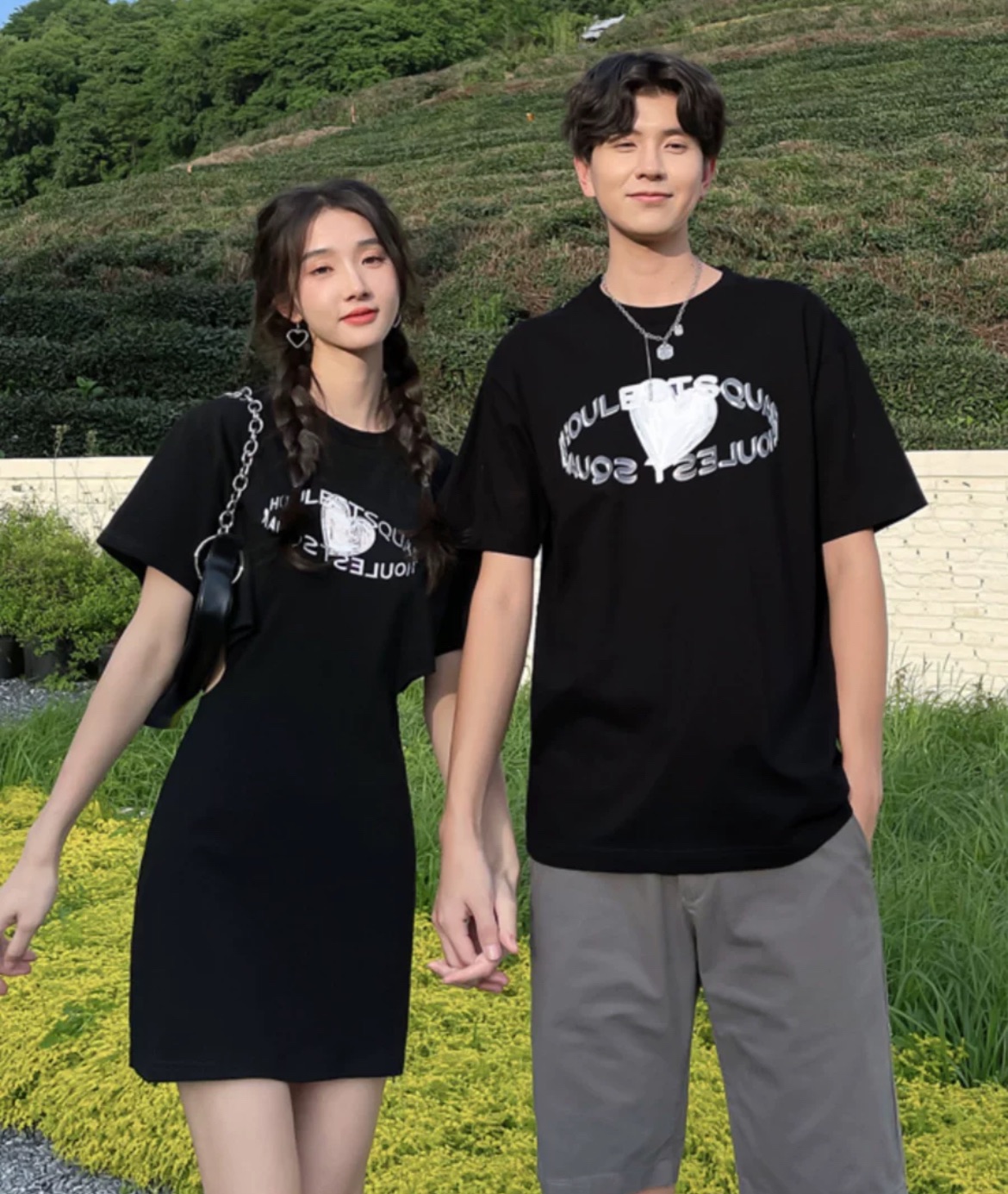 情侶裝夏裝小眾設計感短袖T恤辣妹風愛心顯瘦連衣裙法式一衣一裙