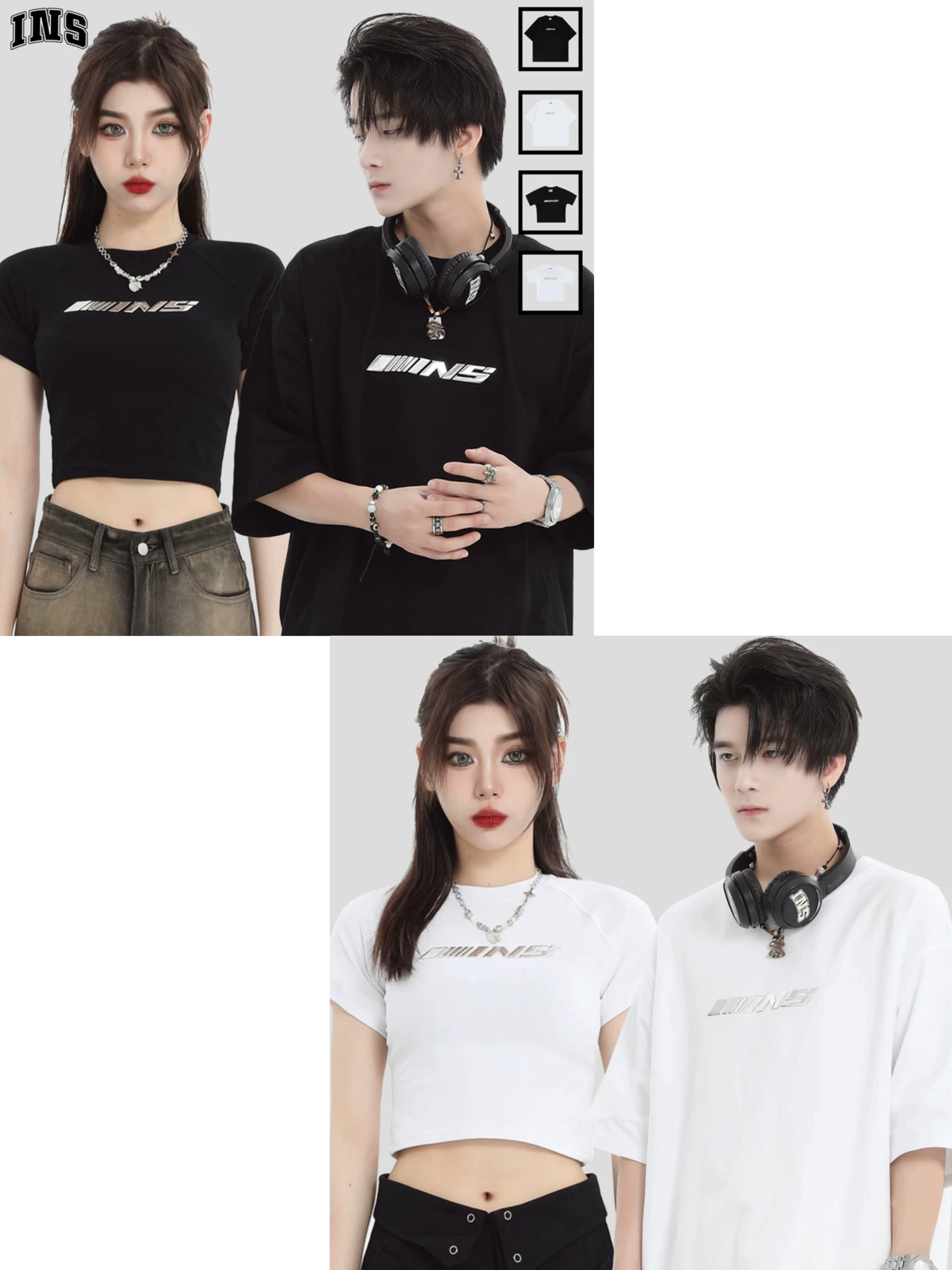 INSstudios 國潮牌情侶美式液態金屬LOGO印花短袖辣妹緊身短款T恤