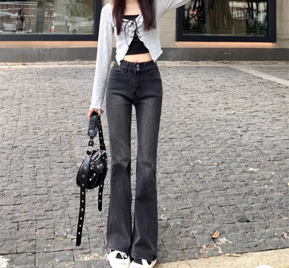 辣妹微喇牛仔褲女春季2024新款網紅修身高腰復古顯瘦百搭深色長褲