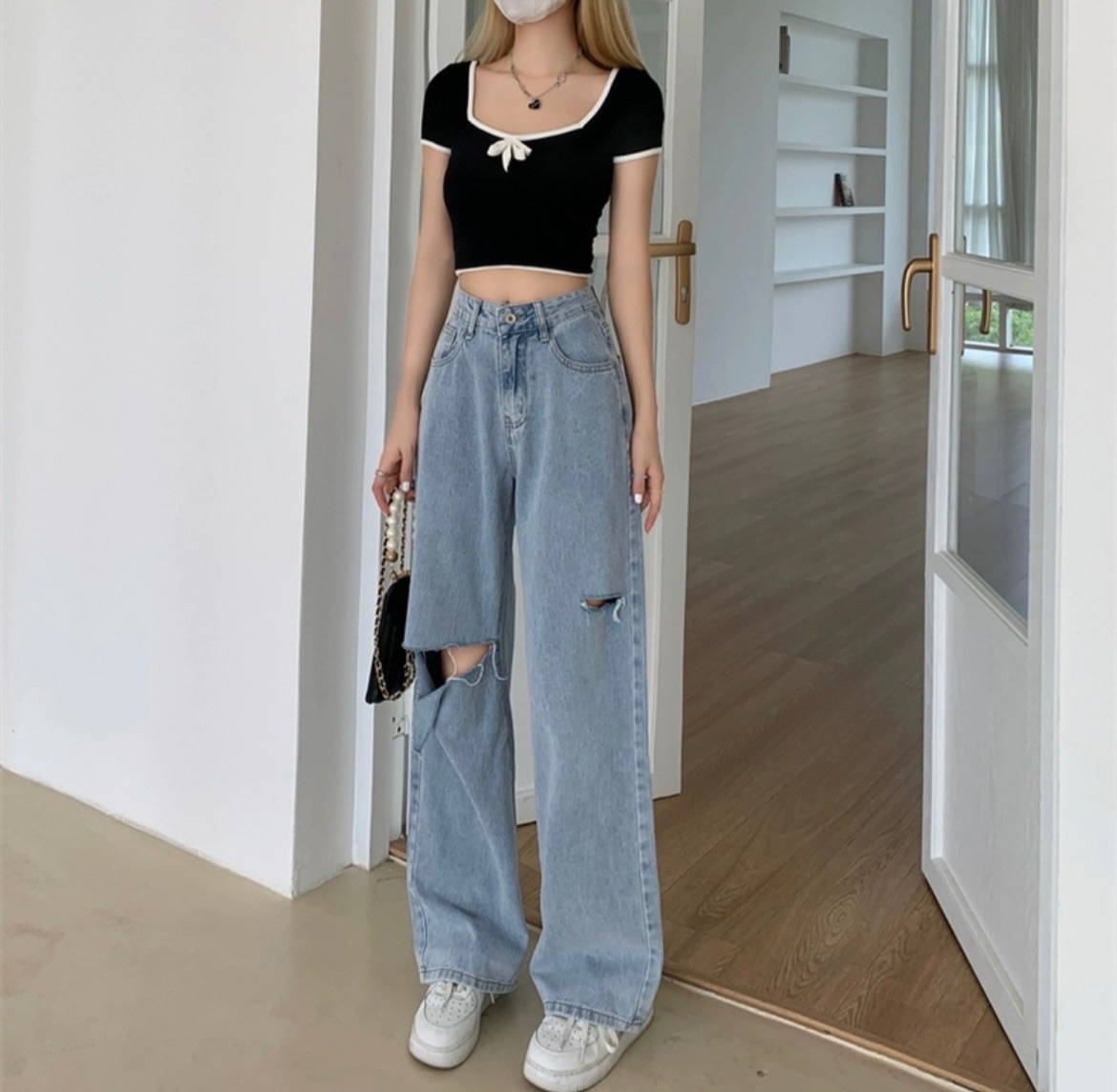 破洞牛仔褲長褲春季2024新款復古港味高腰闊腿褲寬松拖地褲子女潮