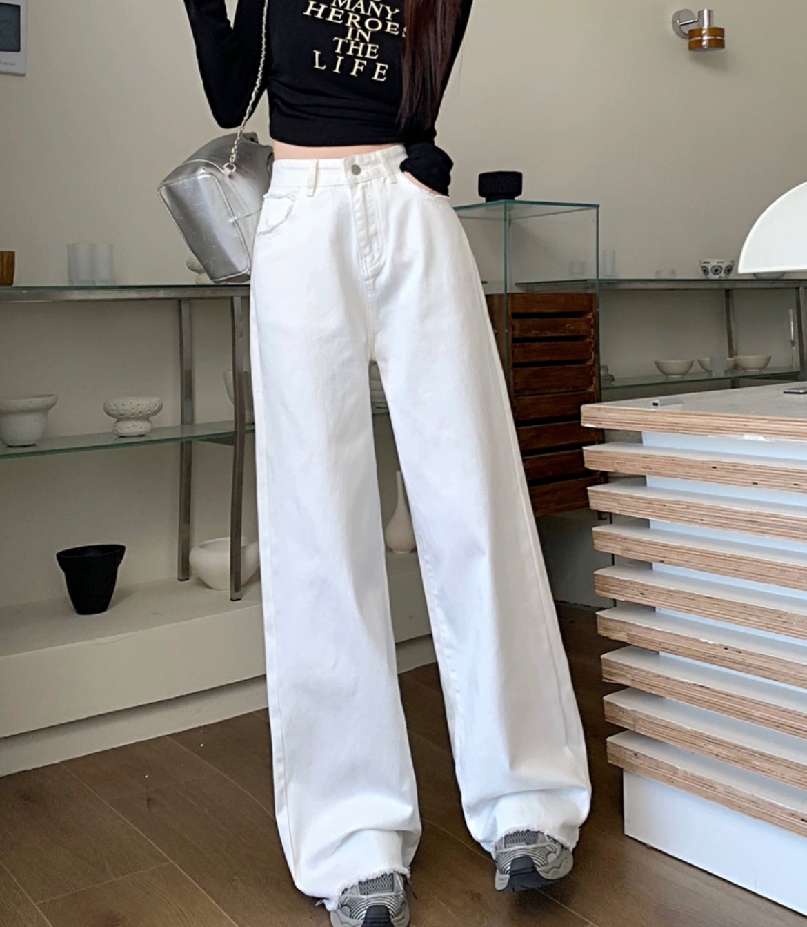 美式白色毛邊牛仔褲女春季百搭寬松闊腿褲高腰直筒褲垂感拖地長褲