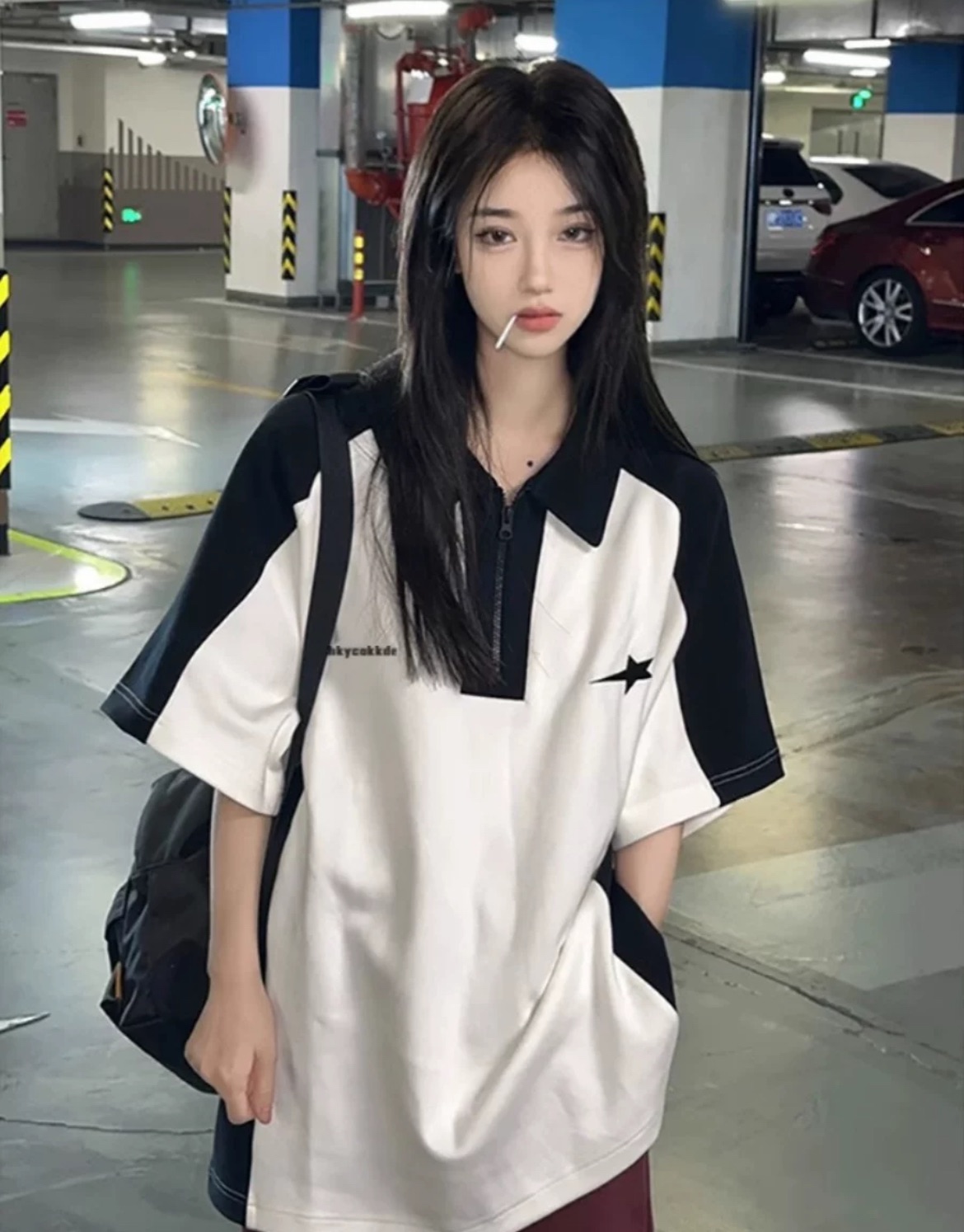 美式學院風短袖T恤女夏季撞色拼接polo領體恤圓領重磅情侶上衣ins