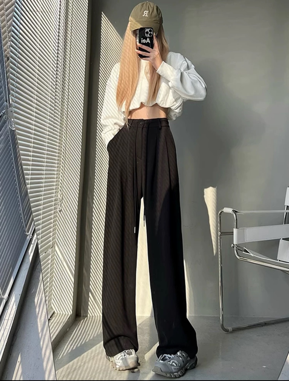 灰色闊腿運動褲女春秋高腰垂感直筒拖地褲設計感寬松美式抽繩衛褲