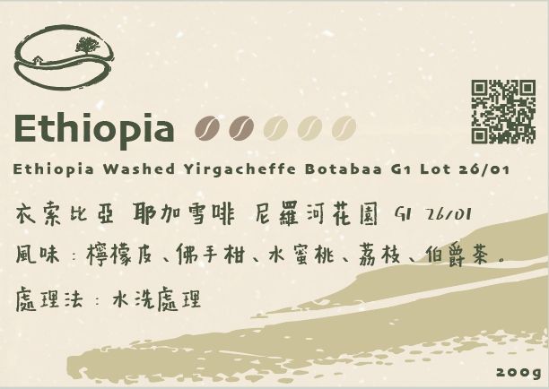 衣索比亞 耶加雪啡 尼羅河花園 G1 26/01 水洗 淺焙