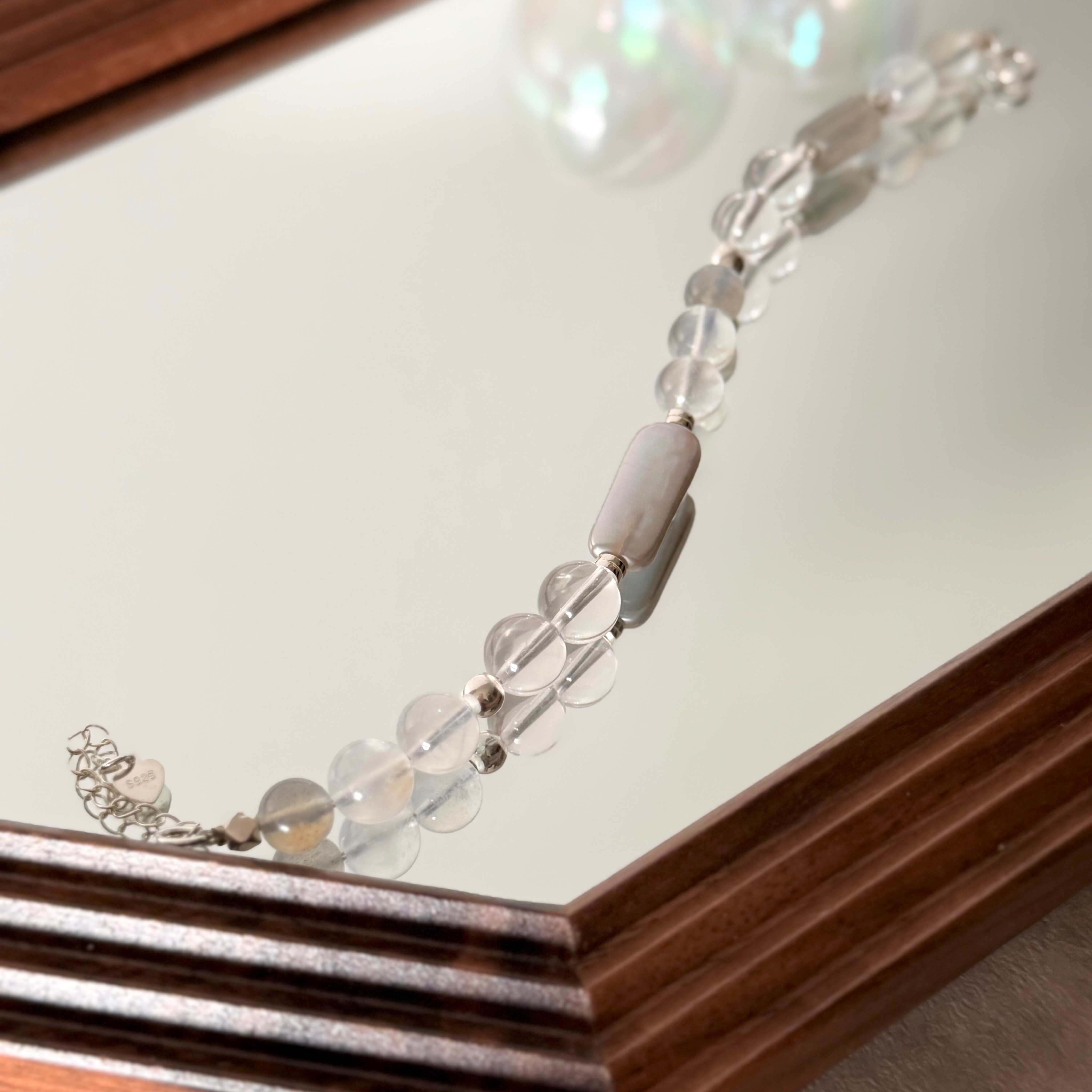 淡水珍珠、藍月光、粉晶/ S925銀天然水晶能量手鍊/ 設計款