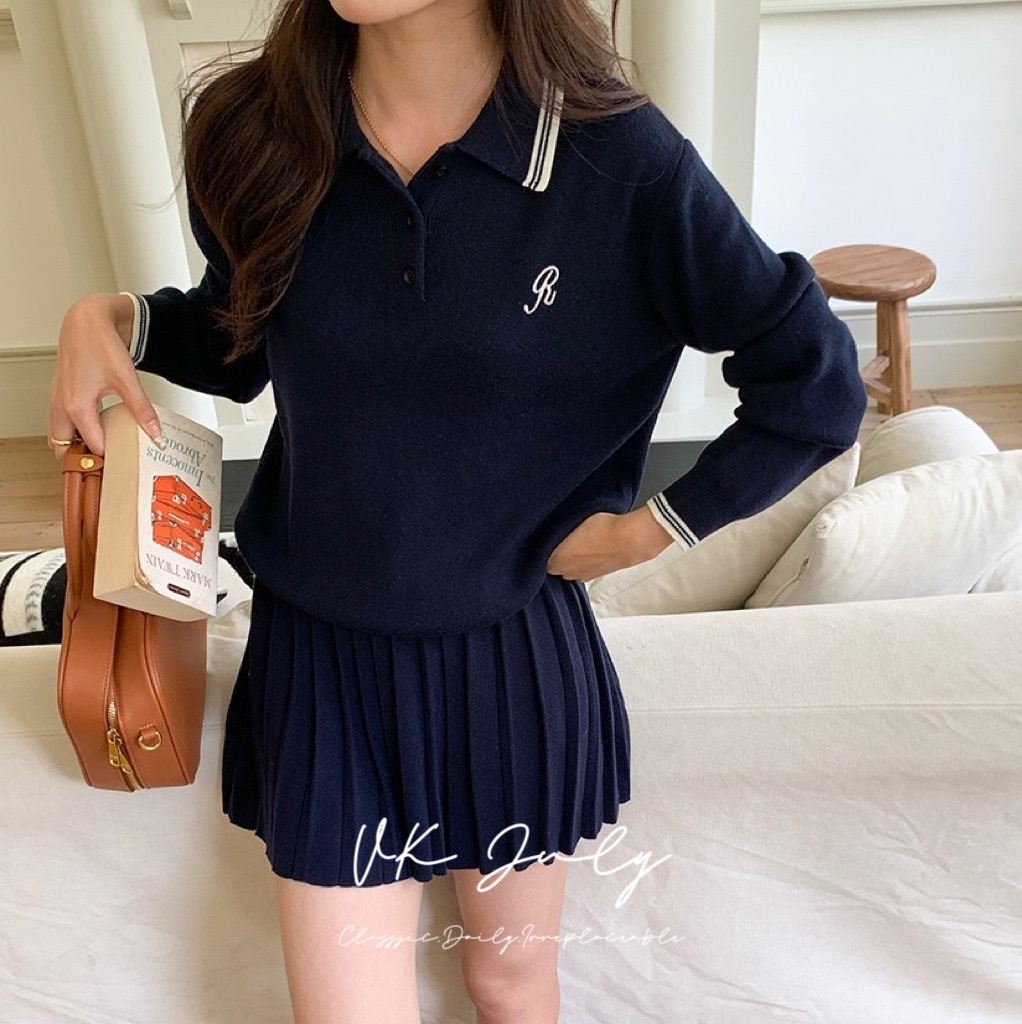 𝑽𝑲 𝑱𝒖𝒍𝒚｜韓系學院風polo領針織百摺裙套裝