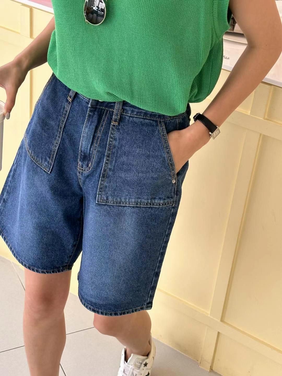 正韓 兩色 高腰彈力口袋設計刷色五分牛仔短褲2colors S-XL 【2114】 牛仔短褲 五分褲