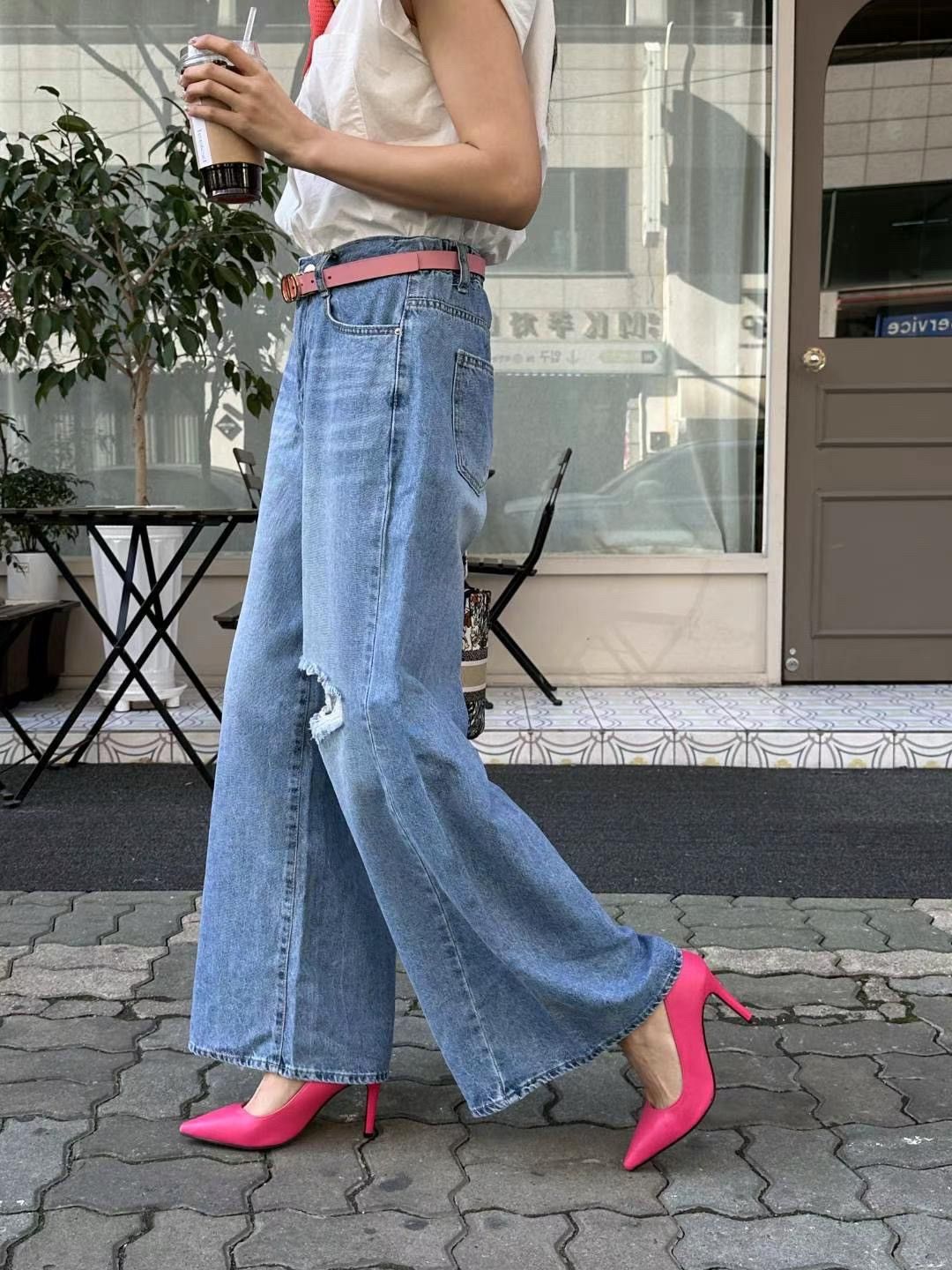 正韓 高腰彈力刷色割破寬管牛仔褲S-XL 【2116】 寬褲