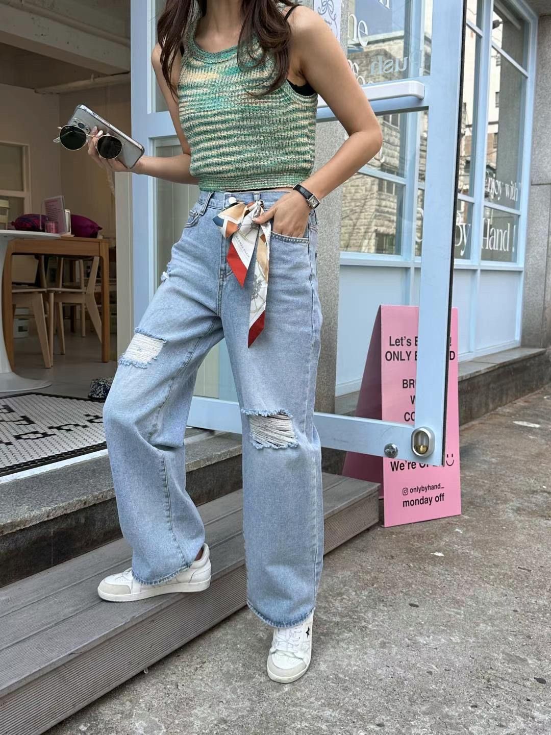 正韓 高腰彈力刷破直筒牛仔褲S-XL 【2117】 破褲 直筒褲