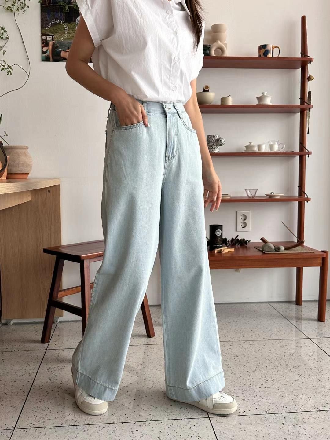 正韓 兩色 純色高腰彈力落地直筒寬管牛仔褲2colors S-XL 【2118】 寬褲 落地褲 直筒褲