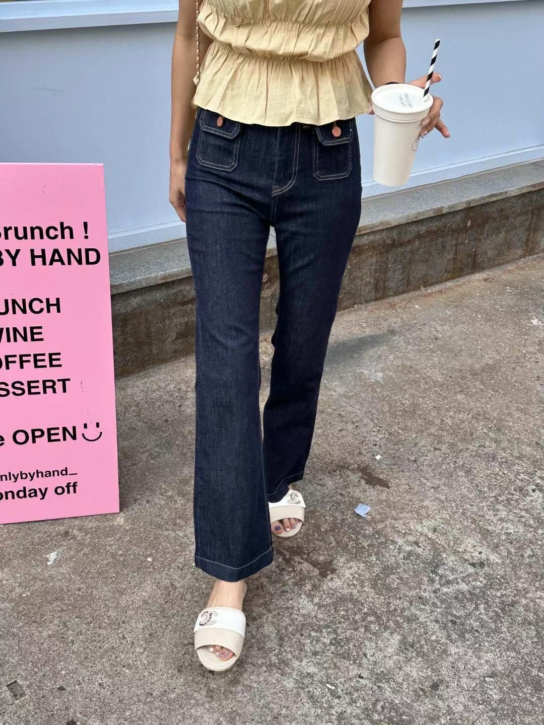 正韓 高腰彈力口袋設計原色靴型微喇叭牛仔褲S-XL 【2119】 喇叭褲 靴型