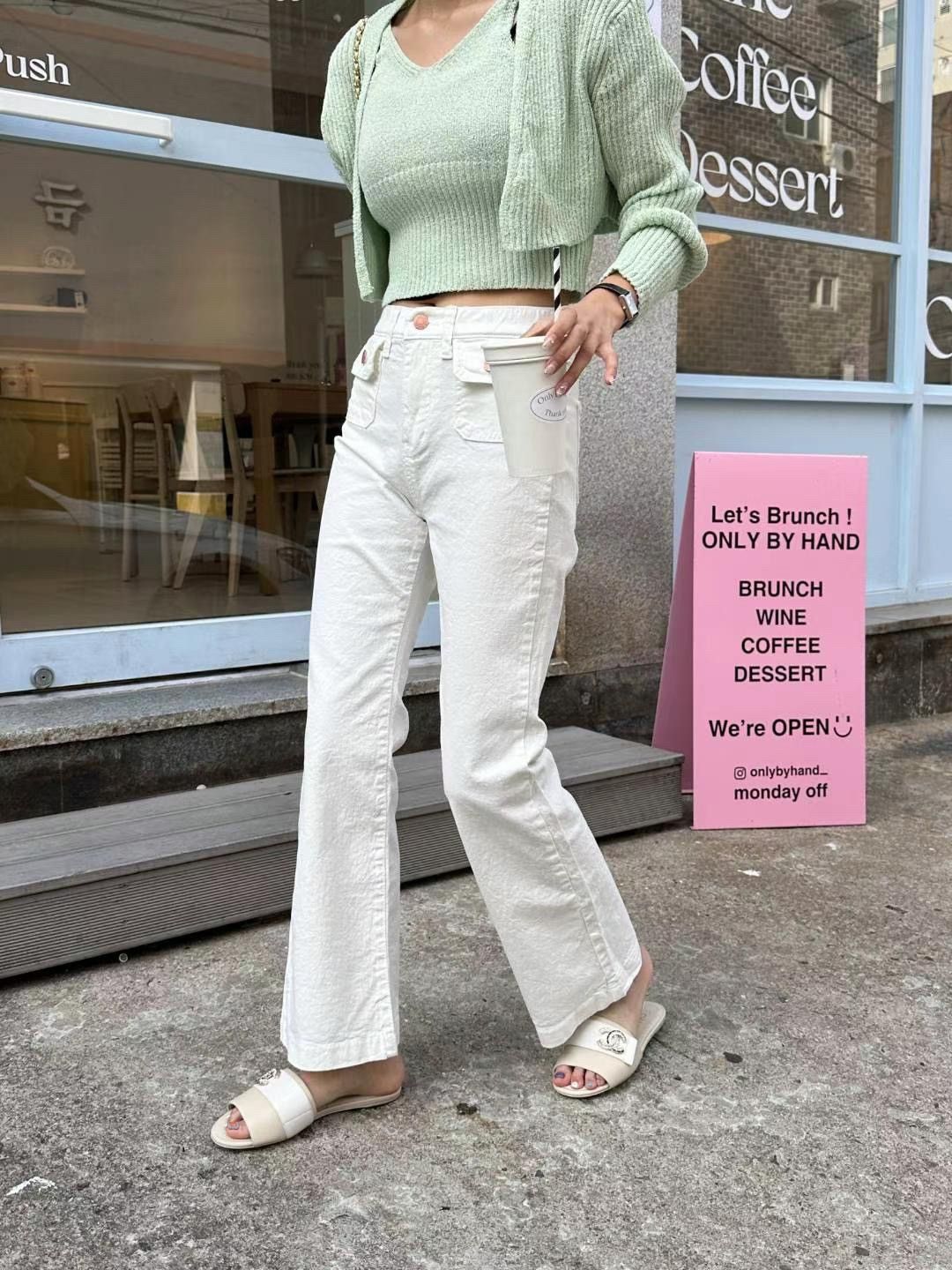 正韓 高腰彈力口袋設計純白靴型微喇叭牛仔褲S-XL 【2120】 喇叭褲 靴型