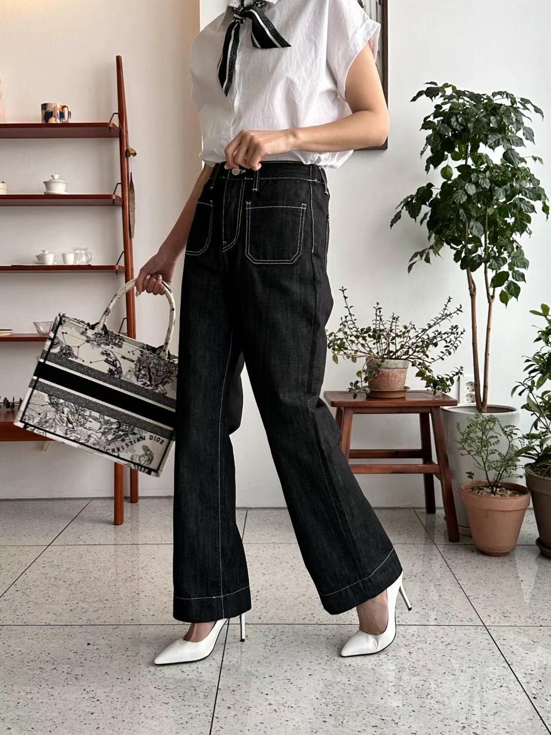 正韓 高腰彈力原色黑寬管直筒牛仔褲S-XL 【2121】 寬褲 直筒褲