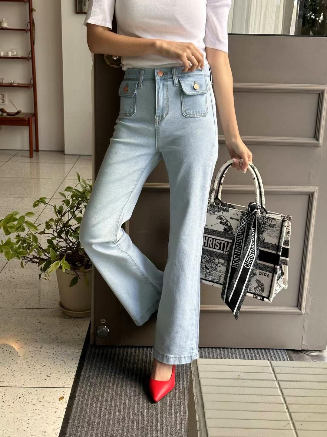 正韓 兩色 高腰彈力口袋設計靴型微喇叭牛仔褲2colors S-XL 【2122】 喇叭褲 靴型