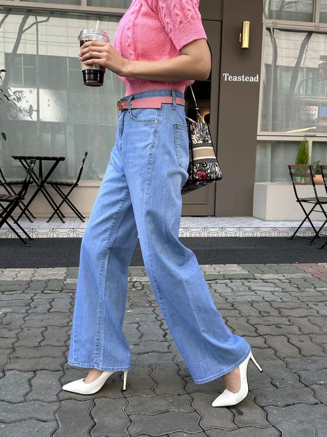 正韓 高腰彈力刷色寬管牛仔褲S-XL 【2123】 寬褲 直筒褲