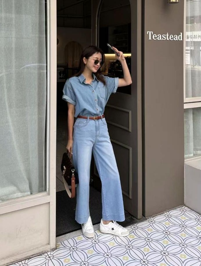 正韓 兩色 復古高腰彈力刷色寬管牛仔褲2colors S-XL 【2124】 寬褲 直筒褲