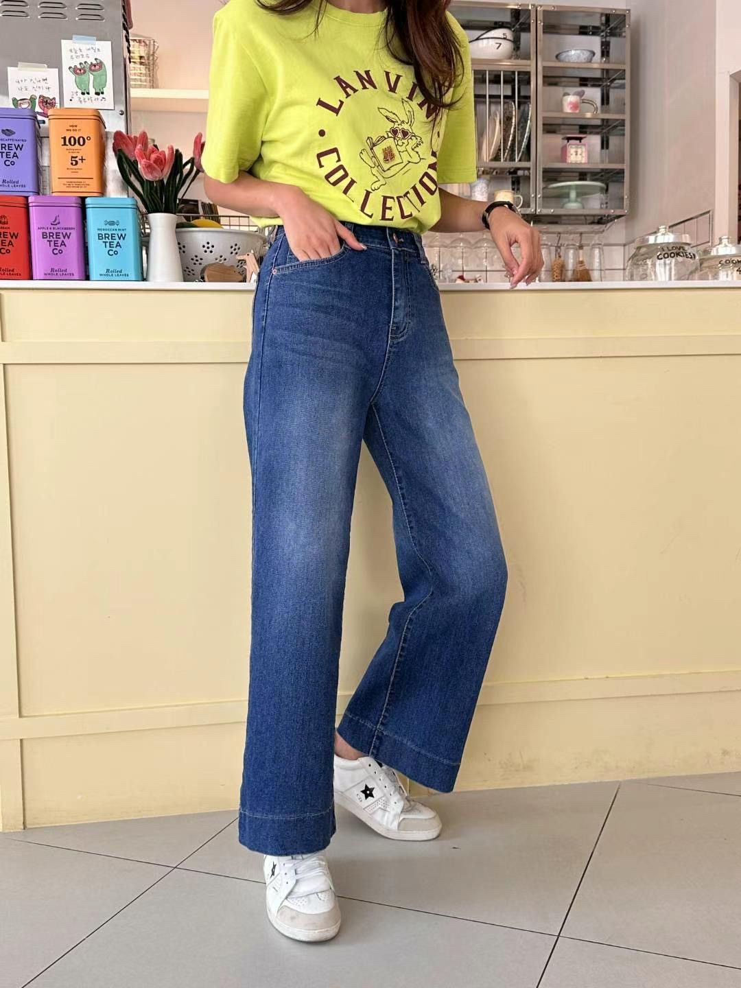 正韓  兩色 復古高腰彈力刷色直筒牛仔褲2colors S-XL 【2126】 直筒褲 寬褲