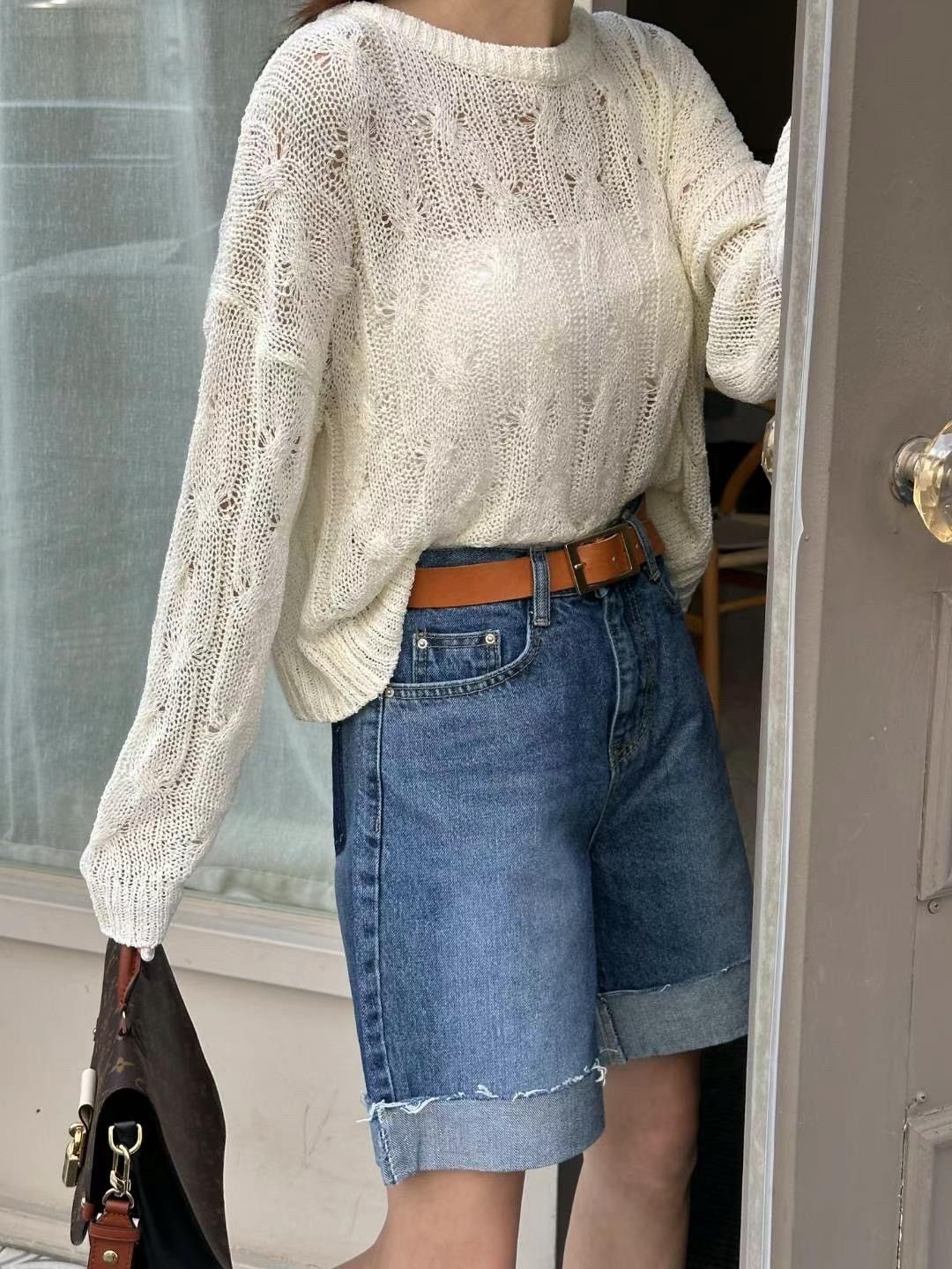 正韓 復古高腰彈力反摺不修編牛仔短褲S-XL 【2127】 五分褲