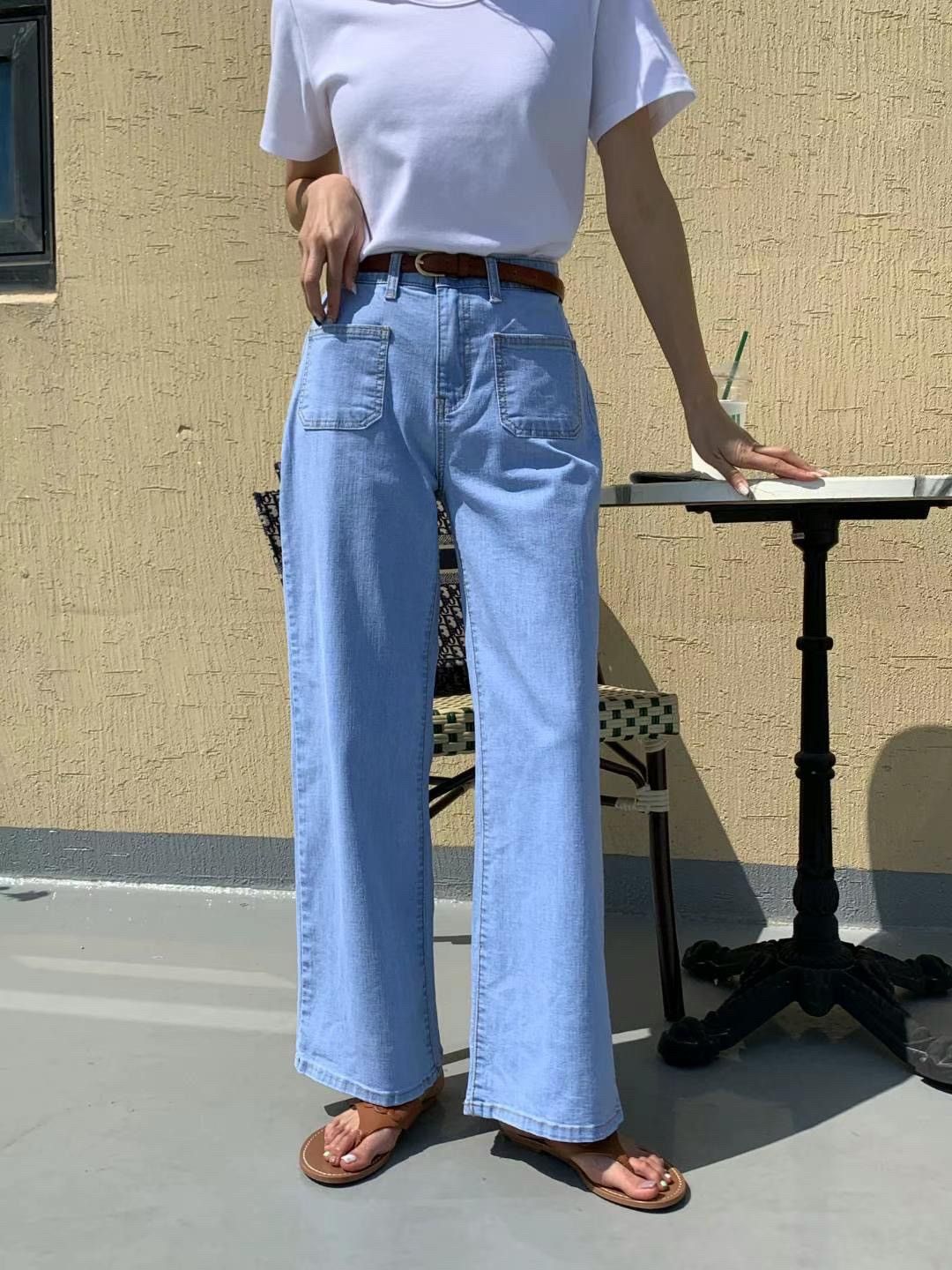 正韓 兩色 COOL涼感面料 高腰彈力口袋設計直筒牛仔褲2colors S-XL 【3064】 直筒褲 落地褲