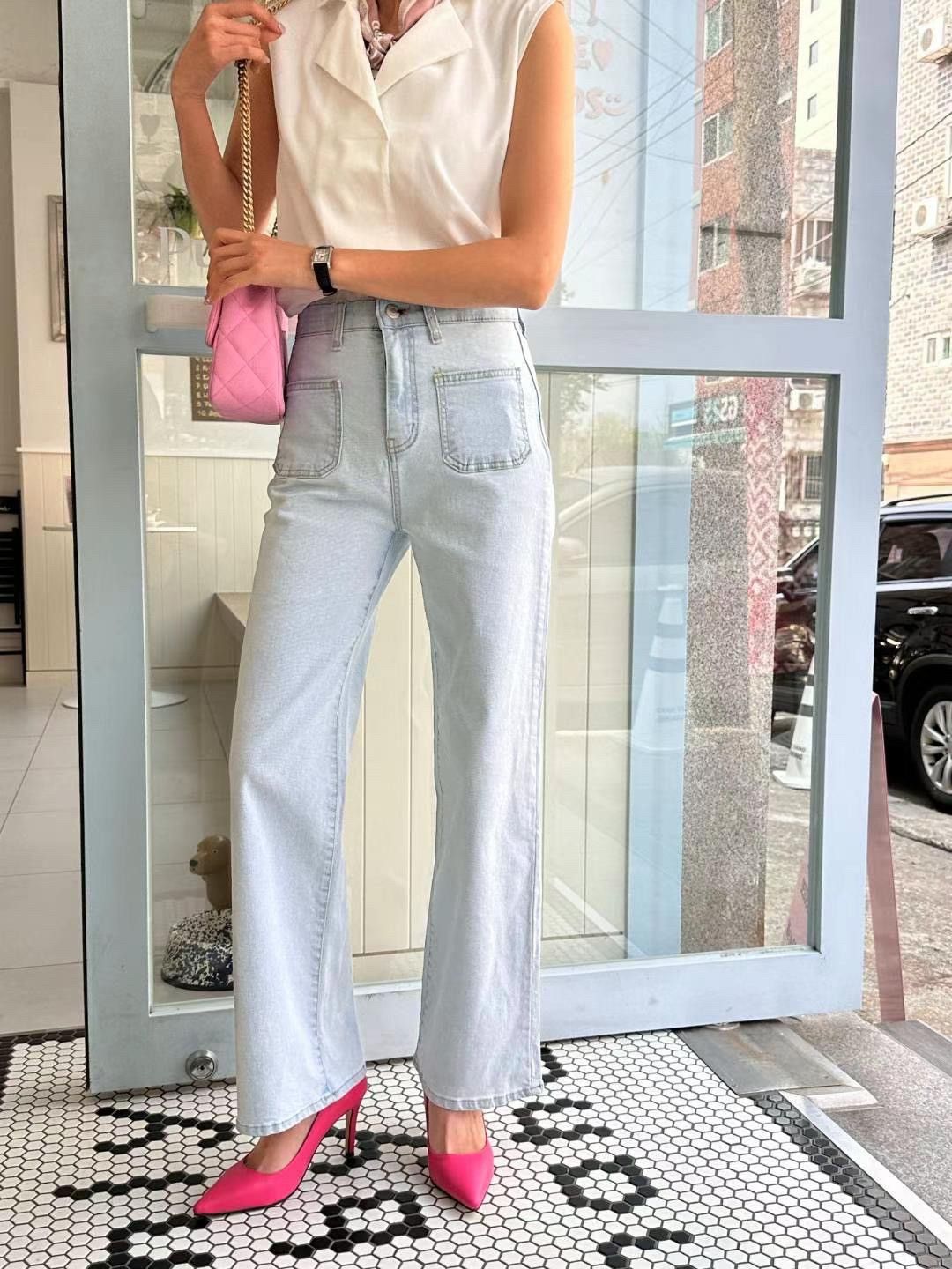 正韓 四色 高腰彈力口袋設計直筒牛仔褲4colors S-XL 【3064-1】 直筒褲 落地褲