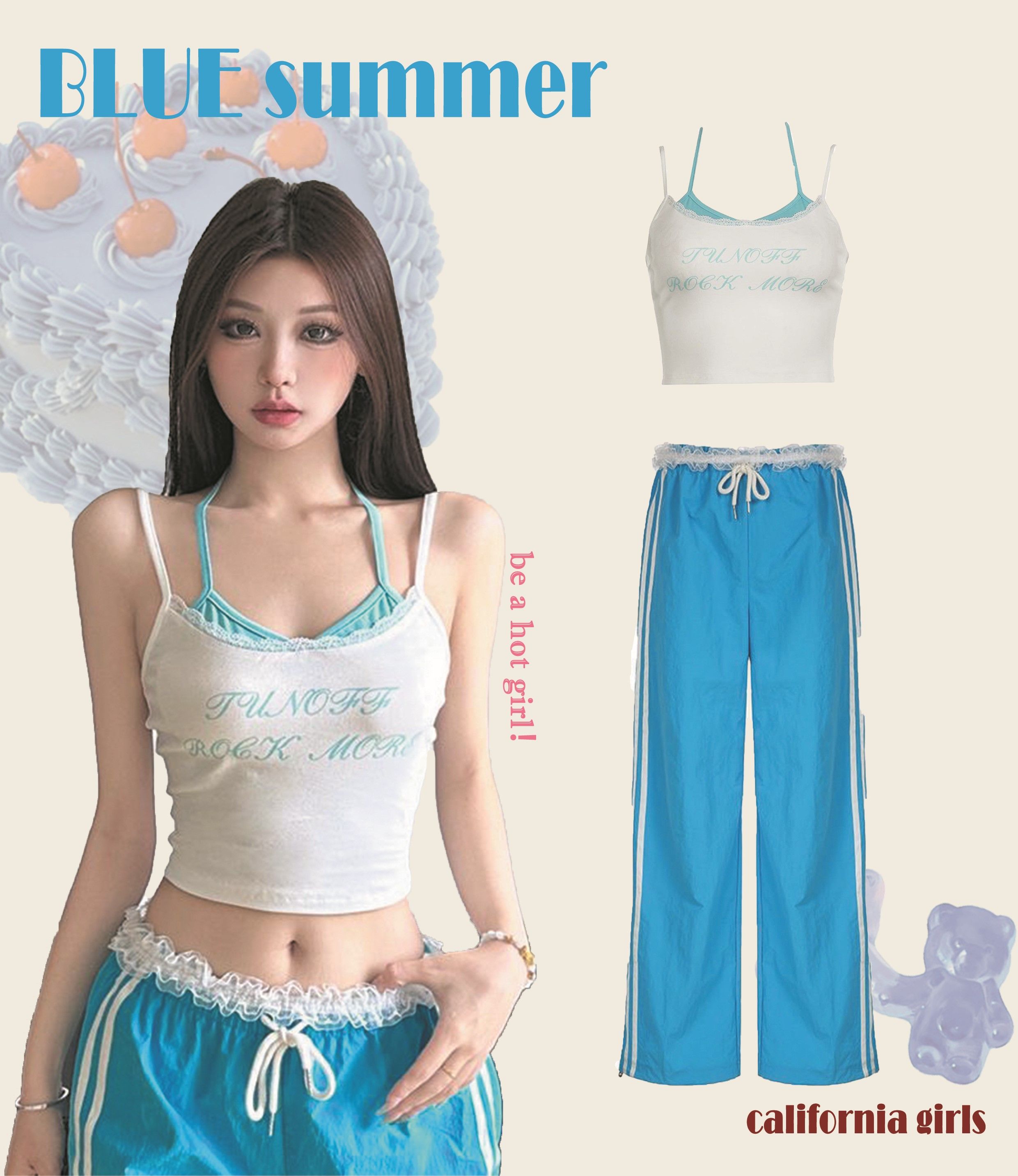 【加州辣妹】夏日藍色系多巴胺套裝 假兩件小可愛 花邊運動長褲