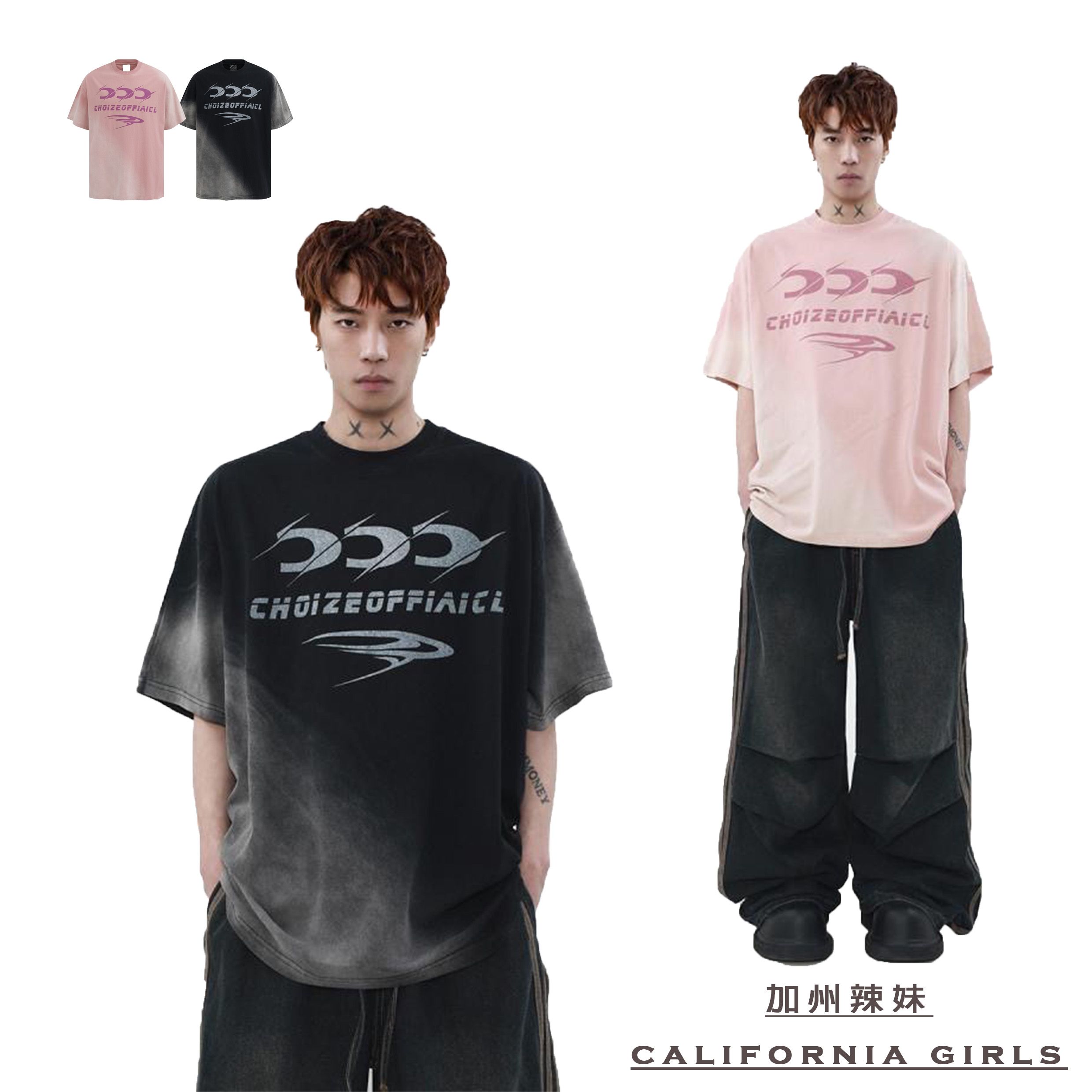 【加州辣妹】倒C手噴短袖 美式復古漸變 字母短T 男 寬鬆 上衣