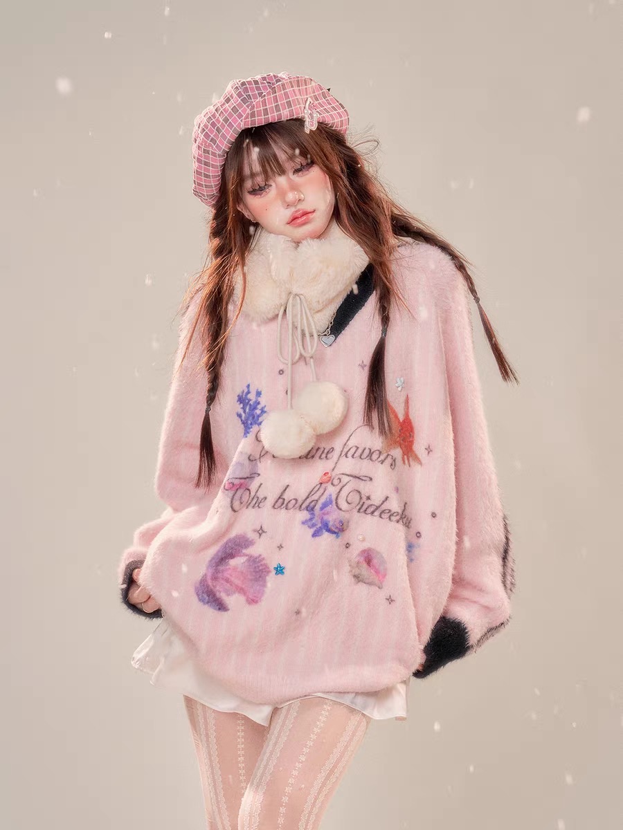 【加州辣妹】條紋毛衣秋冬寬鬆 水貂絨V領