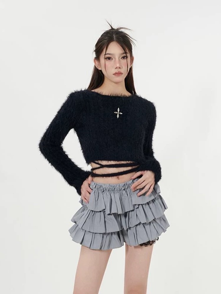 預購 【加州辣妹】綁帶短版軟毛喇叭袖上衣